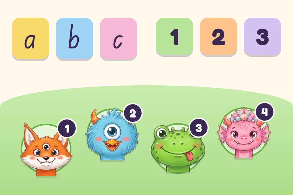 Letter tiles, number tiles and monsters being counted