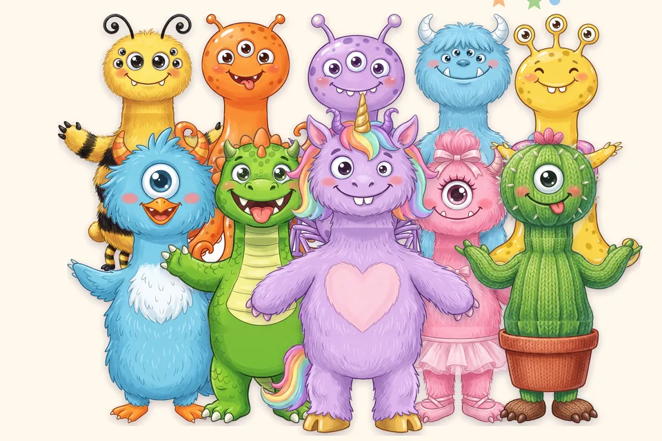 A crowd of colourful monsters