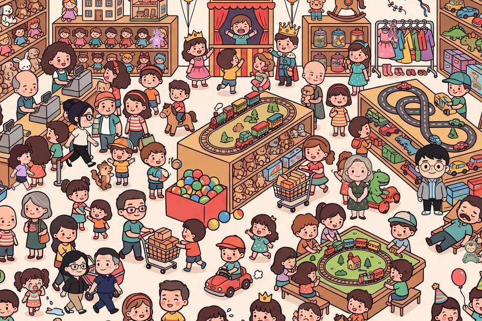 A busy toy shop full of people